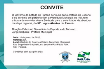 Convite para a solenidade de abertura da etapa regional do 59º Jogos Abertos do Paraná