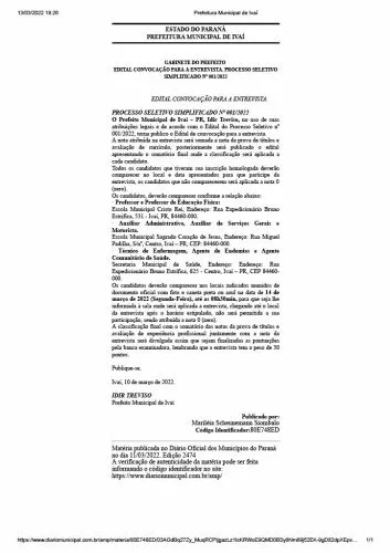 Edital de convocação para entrevista PSS 01/2022