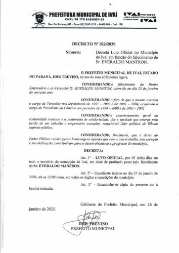MUNICÍPIO DECLARA LUTO OFICIAL - FALECIMENTO DO SR. EVERALDO MANFRON