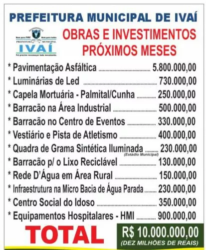 Obras e investimentos para os próximos meses
